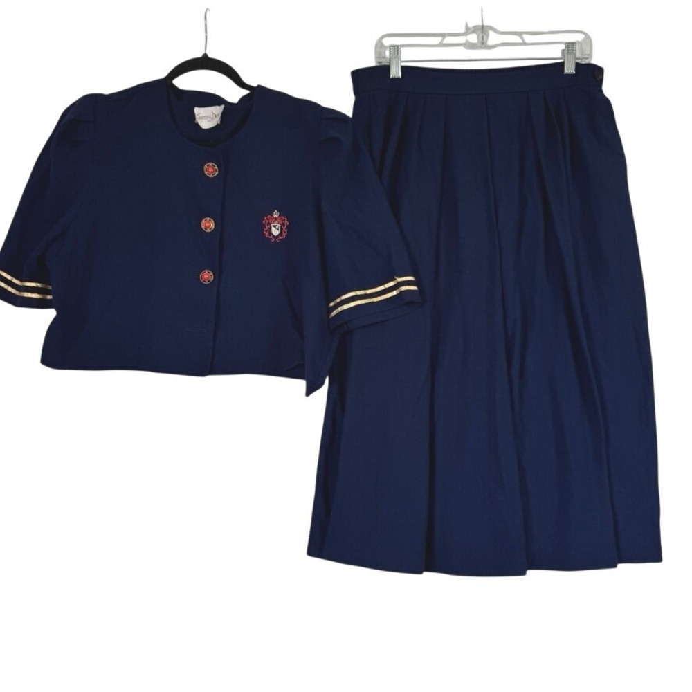 Success Dress Navy Blue Nautical Skirt Set Gold Buttons Crest Petite Vintage